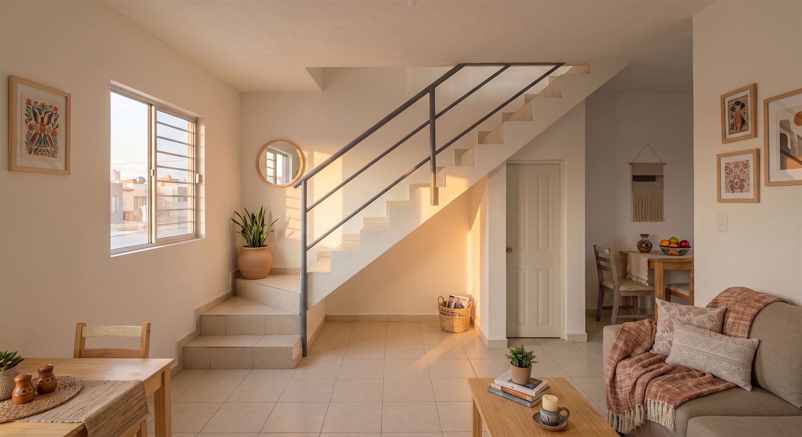 Interior del modelo Índigo: sala con escalera a la segunda planta