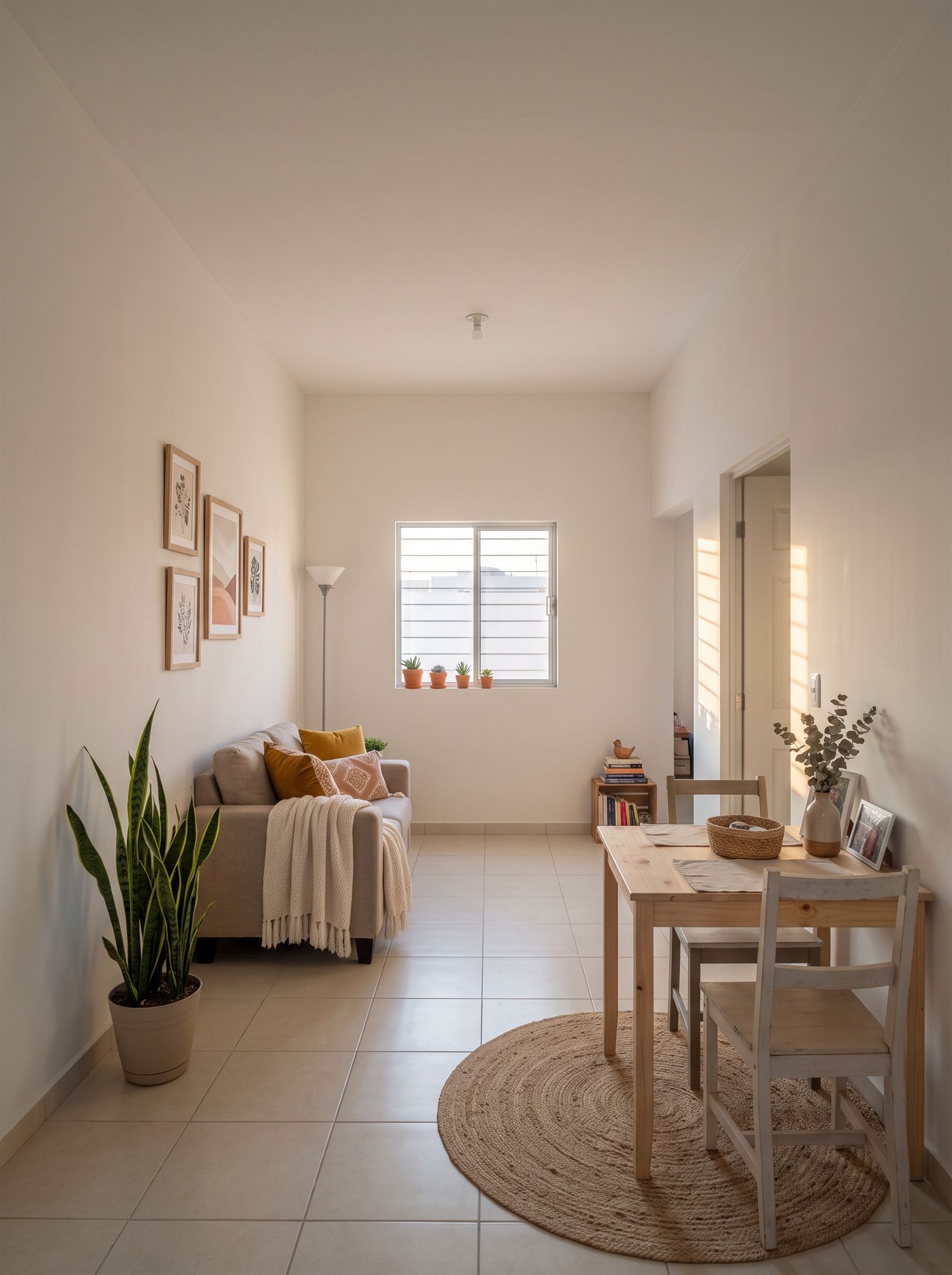 Interior del modelo Turquesa: sala, comedor y cocina